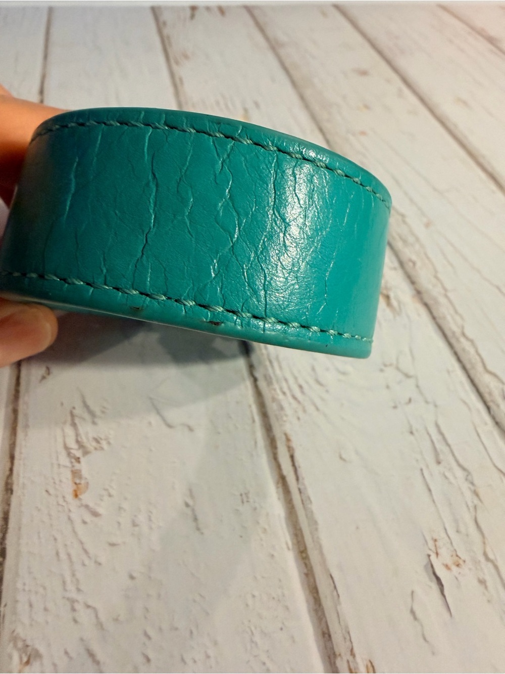 Tory Burch Teal Leather Logo Cuff with Gold Medallion - Picture 9 of 11